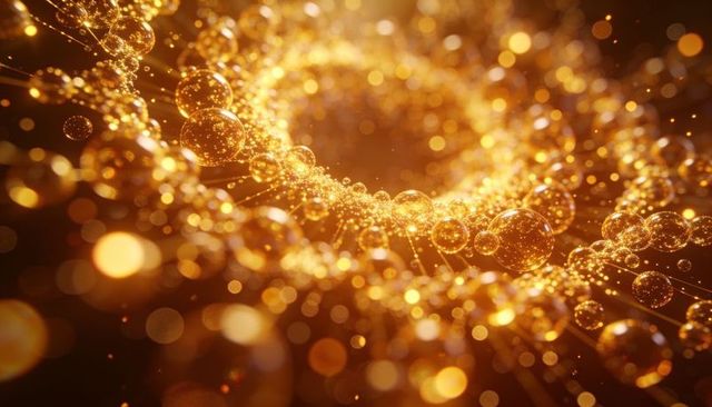 Golden spiral of luminous spheres with filament light trails abstract 3d tunnel macro glow