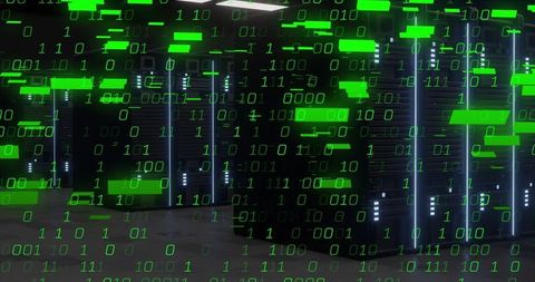 Advanced Data Center with Binary Overlay Illuminating Cybersecurity Theme