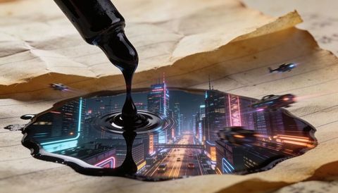 Pouring glossy black ink revealing neon cyberpunk city portal on aged parchment with drones