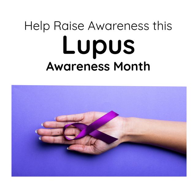 African american woman hand with purple ribbon and help raise awareness this lupus awareness month. Text, composite, copy space, disease, autoimmune, support, healthcare, awareness and prevention.
