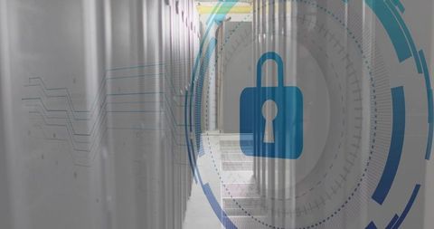 Blue Digital Padlock Protecting Data Center Aisle with Server Racks and HUD Overlay