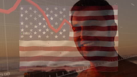Happy Man with American Flag Overlay and Market Graph