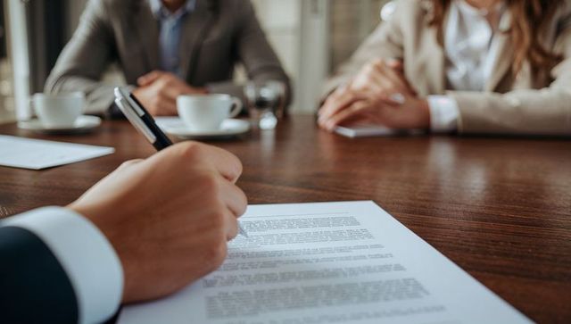 Business contract signing with two professionals in formal attire