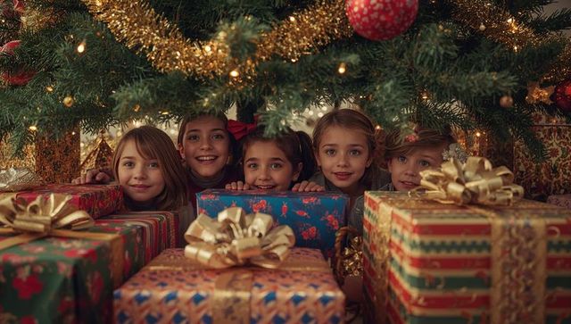 Joyful Children Peeking Behind Gifts Under Christmas Tree