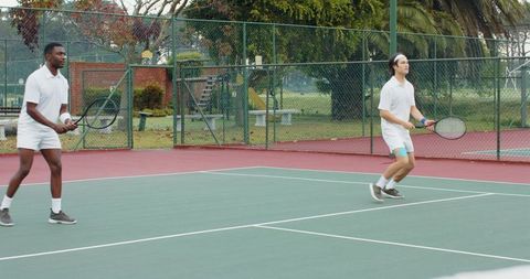 Diverse male tennis doubles partners practicing on outdoor hardcourt near palm trees