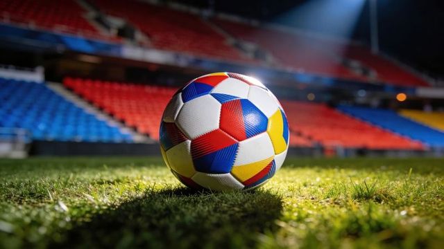 Multicolor soccer ball resting on trimmed grass under stadium floodlights at night