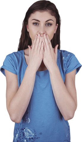 Transparent Woman Covering Mouth in Surprise