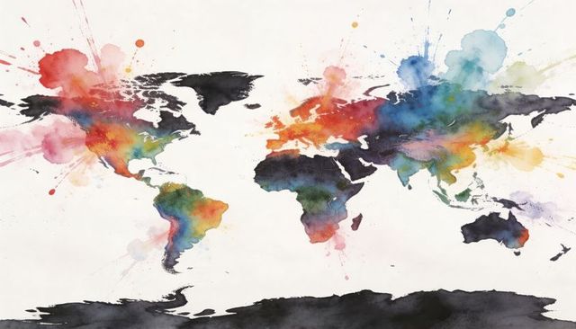 Vibrant watercolor world map with ink splashes on cream paper abstract global map art
