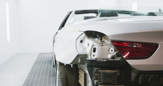Damaged car in auto repair shop, focusing on rear collision damage. Useful for content about auto repair, insurance claims, vehicle maintenance, and car accident awareness.