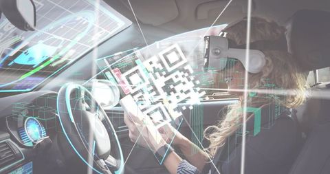 Woman Using Tablet and VR in Self-Driving Car with Futuristic Interface