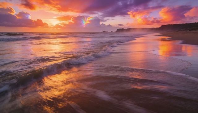 Iridescent sunset surf reflecting rainbow hues on wet sand with distant headland