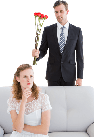 Man Offering Flowers to Disinterested Woman