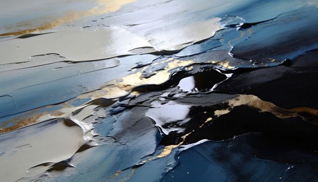 Glossy metallic blue abstract texture with thick acrylic layers and gold leaf accents