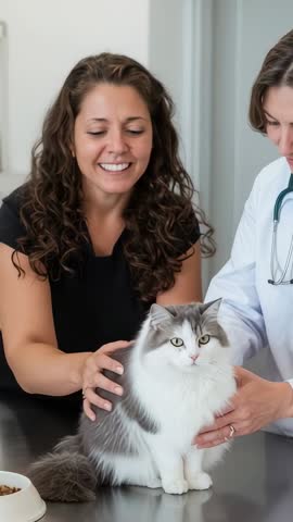 Owner and Vet Palpating and Soothing Fluffy Cat During Veterinary Checkup | Vertical Video