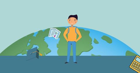 Schoolboy cartoon character with educational iconics on global theme