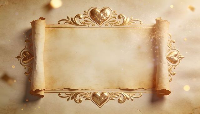 Golden heart filigree antique parchment scroll blank center for wedding invitation card