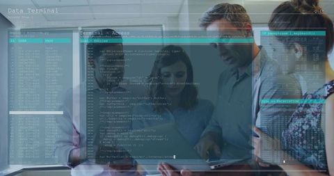 IT Team Collaborating Over Tablet While Analyzing Code and Data Visuals on Glass Screen