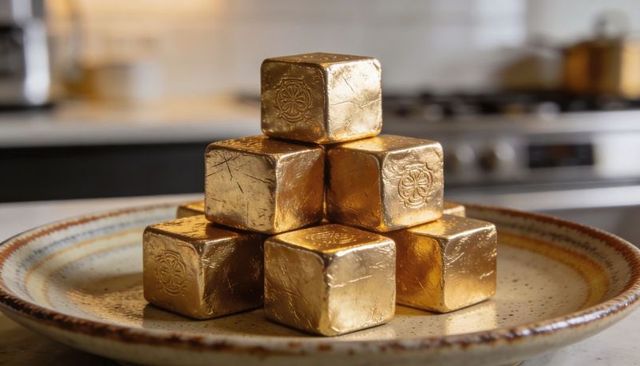 Stacking gold-foil chocolate cubes with embossed floral stamps on rustic ceramic plate
