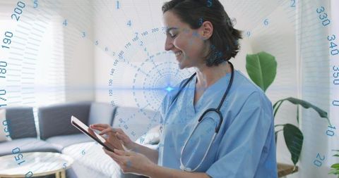 Smiling nurse tapping tablet while offering home care with stethoscope and digital overlay