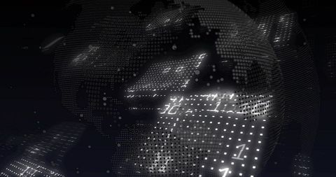 Rotating dotted mesh globe revealing illuminated data panels and binary streams