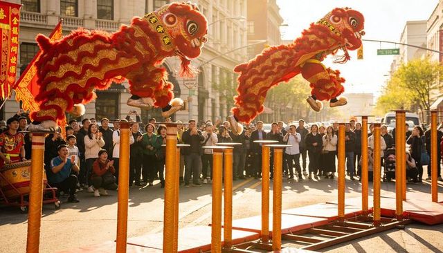 Red gold lion dance leaping over poles at urban lunar new year parade with drummers