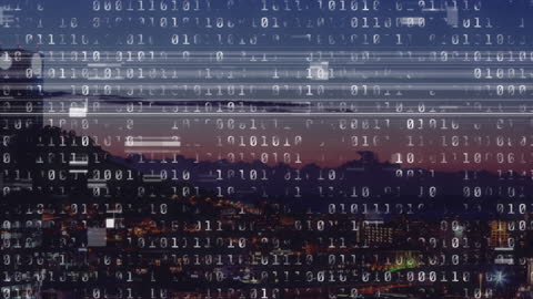Binary Code Data Simulation Overlay on Night City
