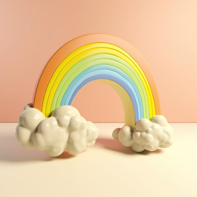 Colorful rainbow with white clouds on orange background created using generative ai technology. Rainbow and colours concept digitally generated image.