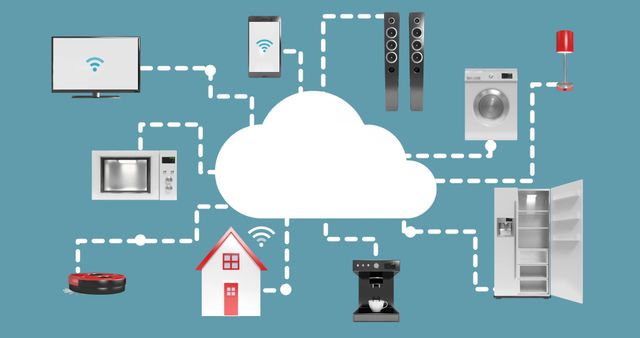 Visual representation of smart home devices connected to a cloud network, including TV, smartphone, speakers, washing machine, Co appliances, lighting, refrigerator, and robotic vacuum. Use for technology articles, smart home product promotions, IoT industry information, and tech-related blogs.