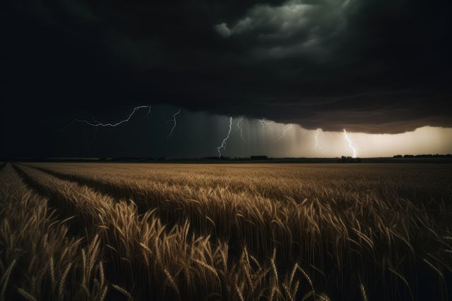 This stunning stock photo captures a dramatic lightning storm with multiple bolts illuminating dark clouds over a golden wheat field at sunset. Ideal for use in articles and blogs about weather, agriculture, natural phenomena, or rural lifestyles. Perfect for illustrating the power of nature, stormy weather cases, agrarian setups, or atmospheric conditions in digital and print media.