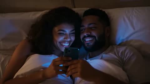 Couple Sharing Joyful Moment Scrolling on Smartphone in Bed