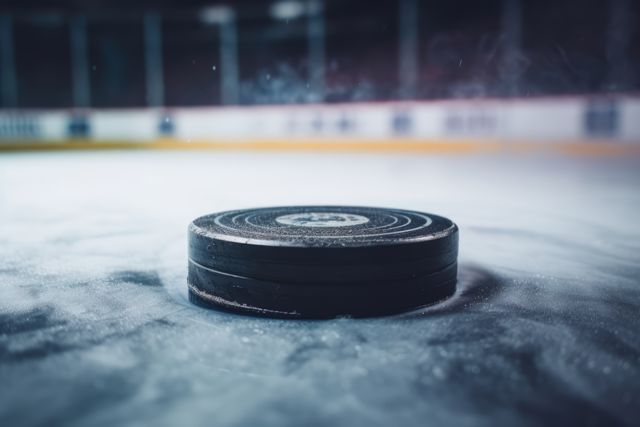 A close-up of a hockey puck on ice, evoking the thrill of the game. Captures the essence of hockey, symbolizing competition and skill on the rink.