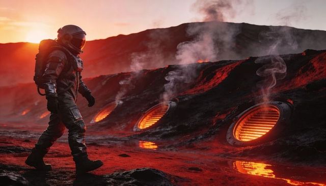 Armored astronaut trekking lava plain with glowing vents at sunset, futuristic alien expedition
