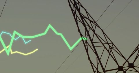 Neon lines tracing energy flow around industrial power pylon silhouette