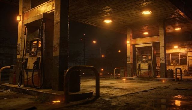 Abandoned gas station night scene with rusted pumps, wet pavement and amber glow