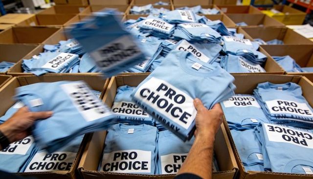 Volunteer team packing light blue pro choice t-shirts for campaign distribution and outreach