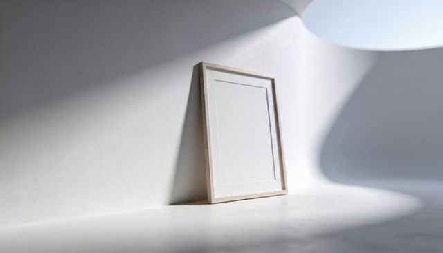 Leaning wooden frame resting against curved white wall casting skylight shadows