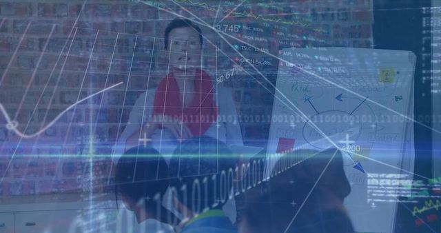 Senior Instructor Explaining Financial Concepts with Digital Overlays