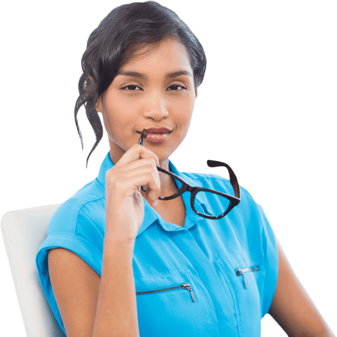 Businesswoman Thinking, Holding Glasses on Transparent Background