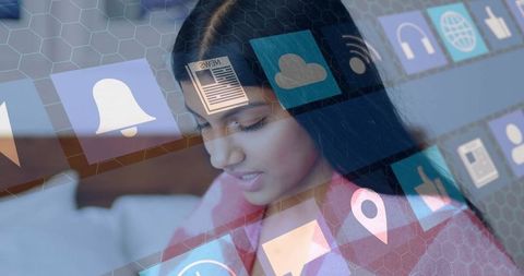 Woman engaging with interactive digital apps interface