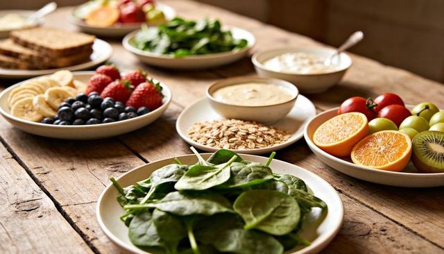 Fresh baby spinach with berries, oats and citrus on rustic wooden table morning spread