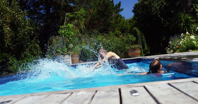Three people enjoying playful swimming and splashing in a clear blue outdoor pool on a sunny day, surrounded by lush greenery and garden flowers. Ideal for advertisements promoting active summer activities, family vacations, outdoor fun, or swimming pool accessories.