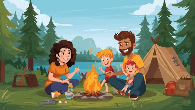 Happy family roasting marshmallows lakeside camping with tent, campfire and pine forest