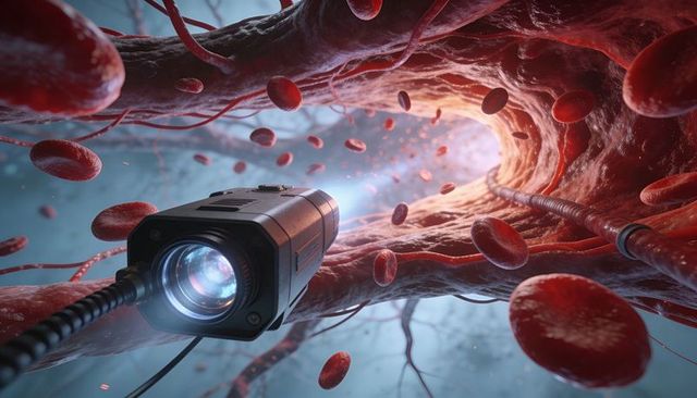 Endoscopic probe navigating vascular lumen with illuminated tether and moving red blood cells