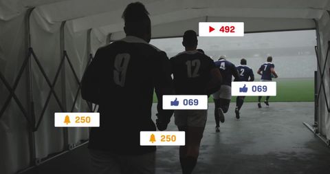 Rugby Players in Tunnel with Social Media Stats Overlay