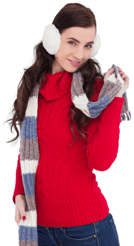 Smiling Woman Wearing Red Sweater and Winter Accessories on Transparent Background