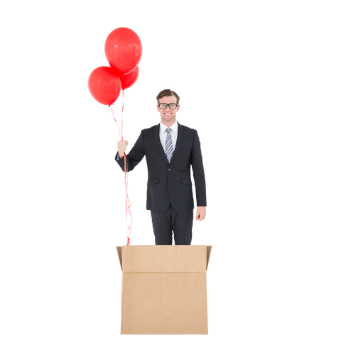 Businessman in Box with Red Balloons on Transparent Background