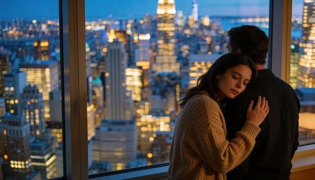 Couple embracing by panoramic city window at twilight leaning in cozy knit cardigan