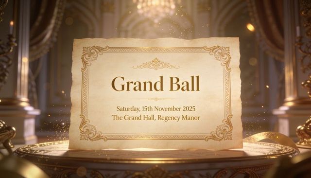 Inviting grand ball parchment invitation with regency filigree and chandelier glow