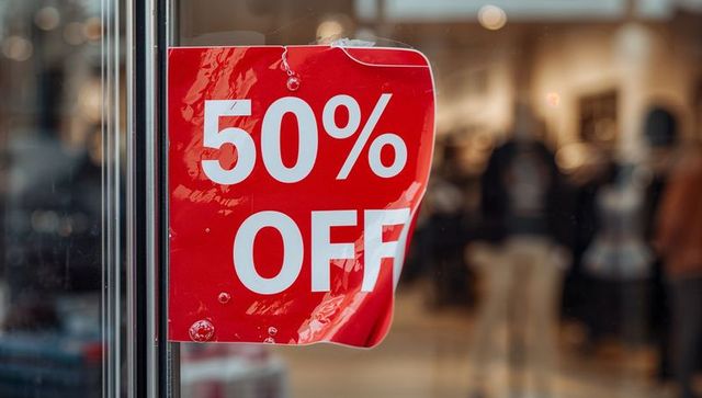 Red 50% off sale sign clinging to glass storefront with blurred shoppers