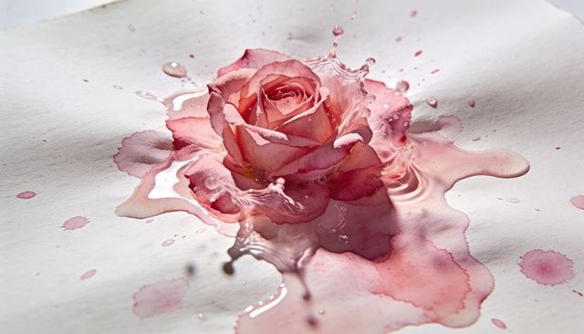 Close-up pink rose splash with watercolor puddle and liquid petal ripples on textured paper